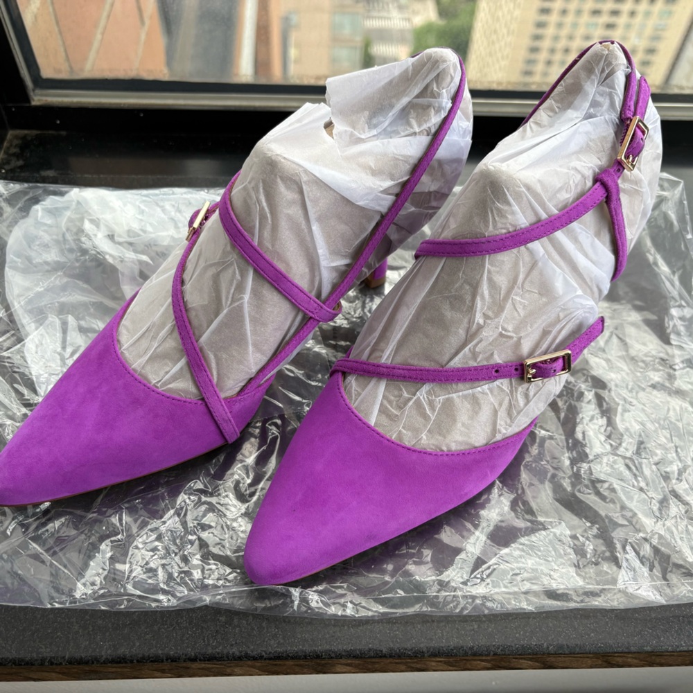ANN TAYLOR Strappy Asymmetrical Suede Pumps‎ Heels In Neon Fuchsia Size US 6.5 - Picture 4 of 9